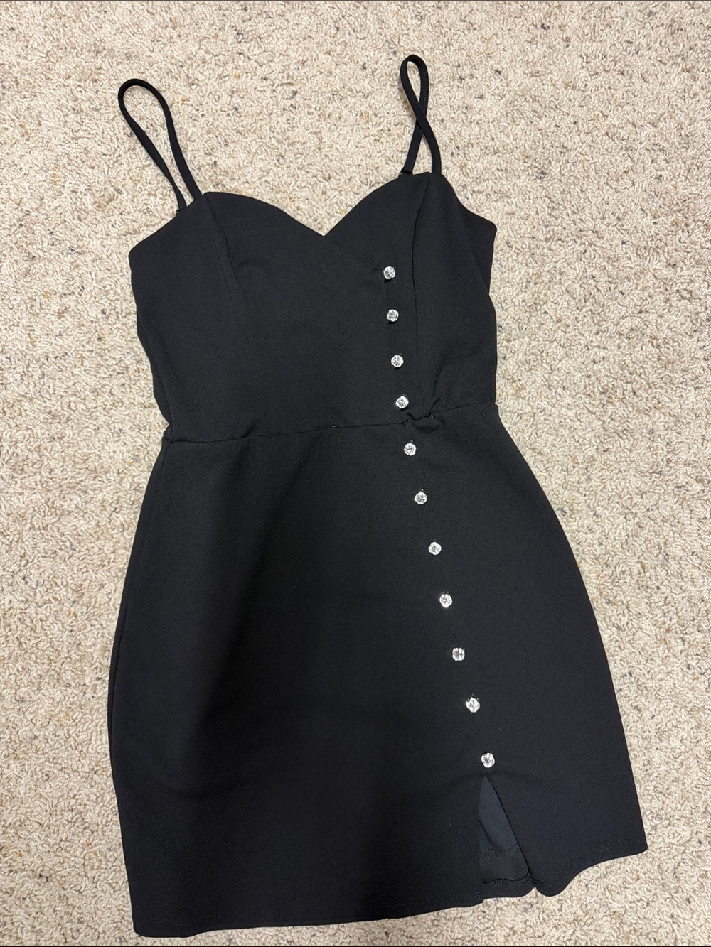 Trixxi Black Mini Dress with Rhinestone Button Detail